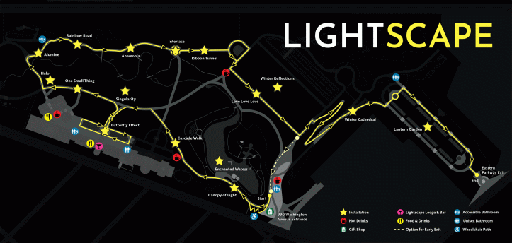 A yellow line indicates a route looping into the Garden from the Visitor Center. Along the route are stars and icons showing locations of installations, food & drink, and bathrooms.